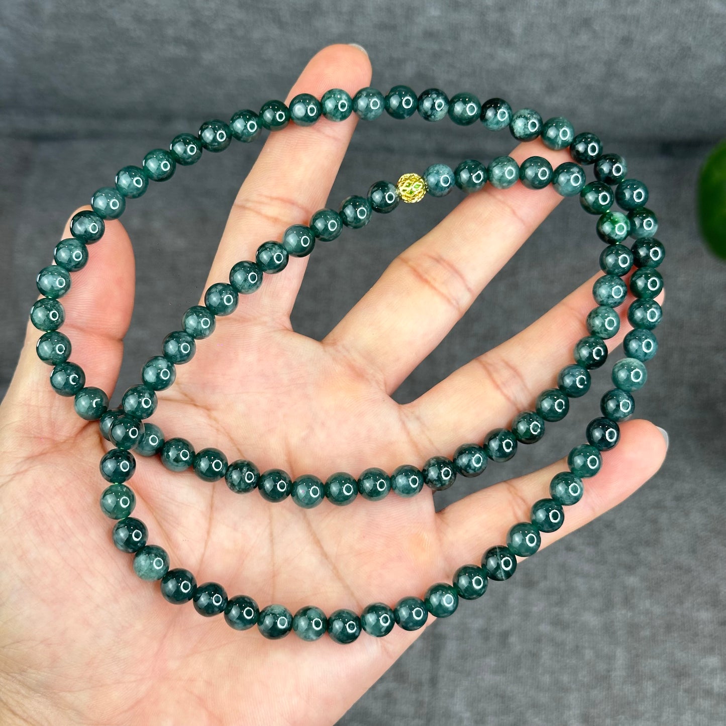 Natural Type A Jadeite Jade Dark Water Green Semi Translucent Triple Wrap Size 6.5 mm