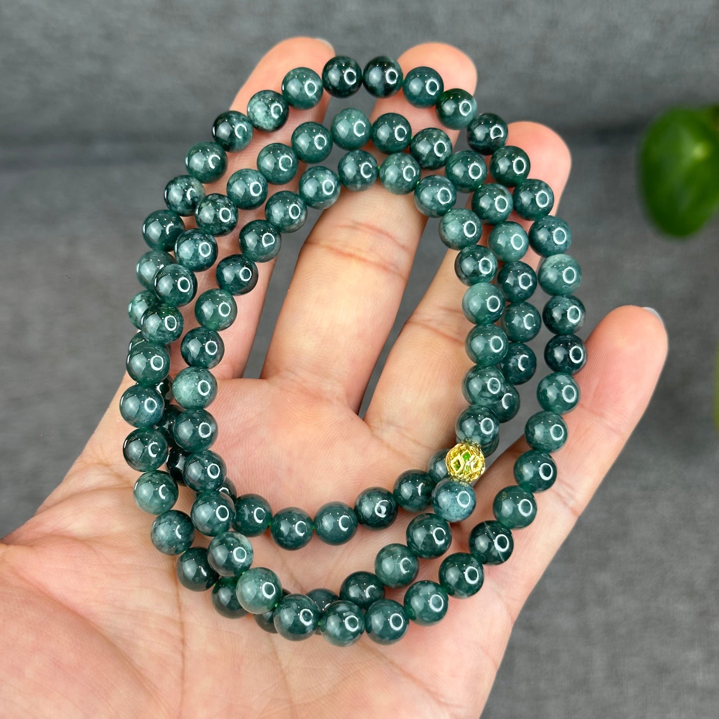 Natural Type A Jadeite Jade Dark Water Green Semi Translucent Triple Wrap Size 6.5 mm