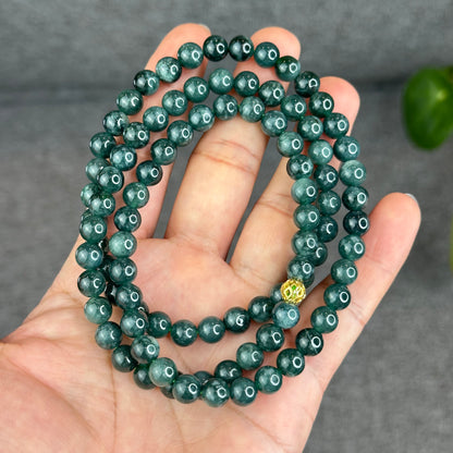 Natural Type A Jadeite Jade Dark Water Green Semi Translucent Triple Wrap Size 6.5 mm