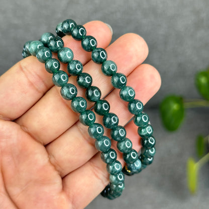 Natural Type A Jadeite Jade Dark Water Green Semi Translucent Triple Wrap Size 6.5 mm