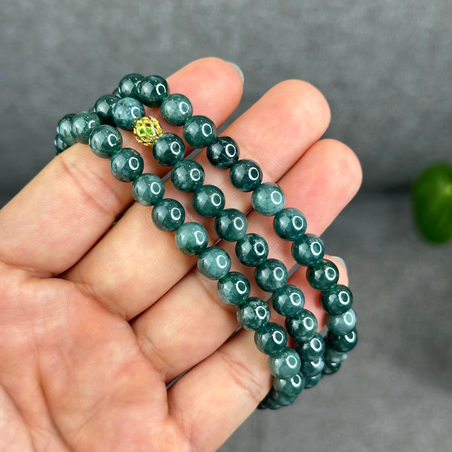 Natural Type A Jadeite Jade Dark Water Green Semi Translucent Triple Wrap Size 6.5 mm