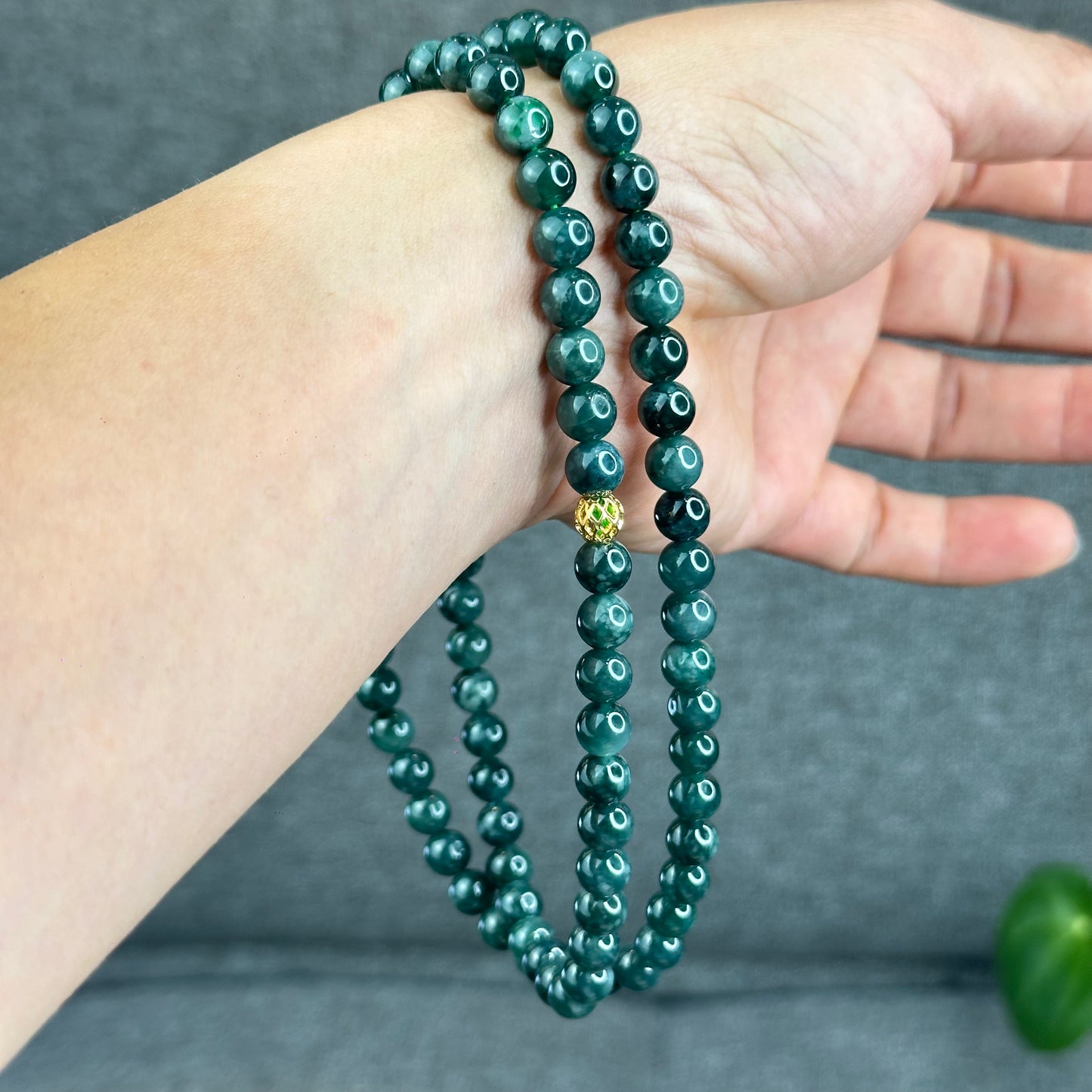 Natural Type A Jadeite Jade Dark Water Green Semi Translucent Triple Wrap Size 6.5 mm