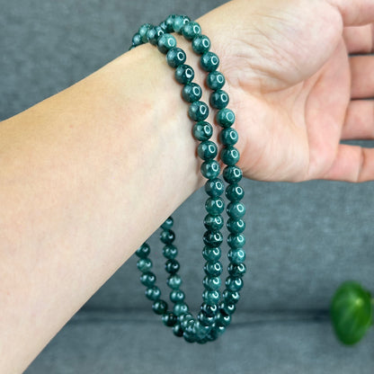 Natural Type A Jadeite Jade Dark Water Green Semi Translucent Triple Wrap Size 6.5 mm
