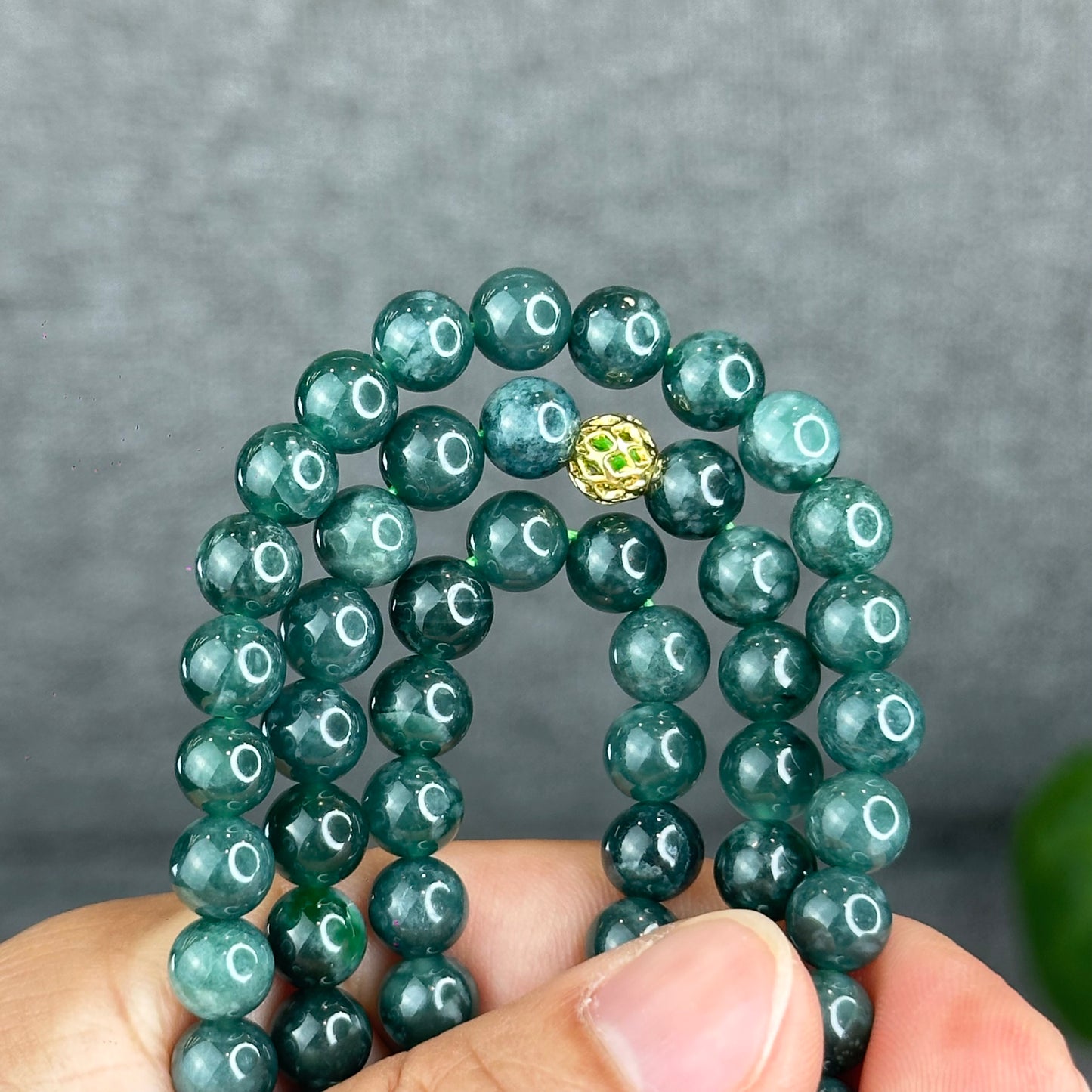 Natural Type A Jadeite Jade Dark Water Green Semi Translucent Triple Wrap Size 6.5 mm