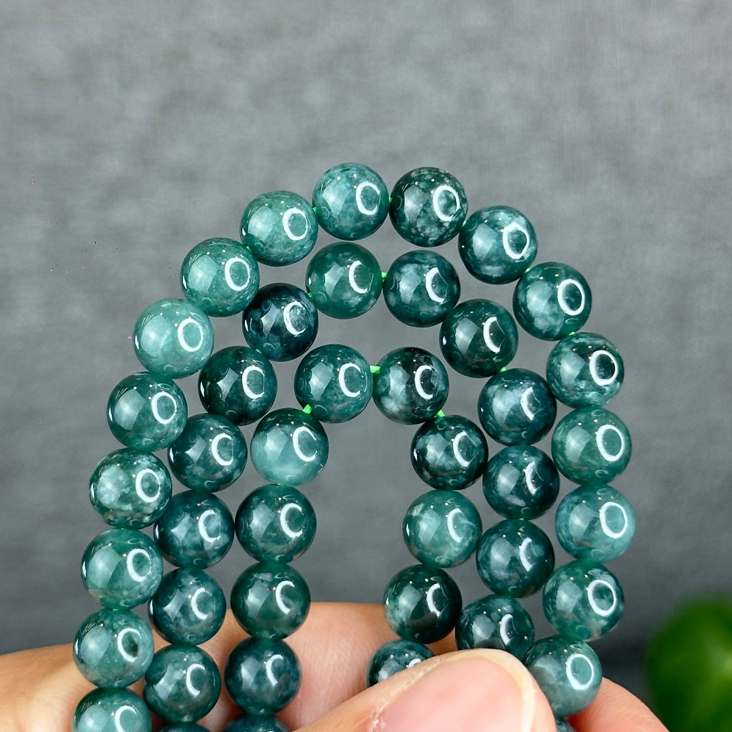 Natural Type A Jadeite Jade Dark Water Green Semi Translucent Triple Wrap Size 6.5 mm