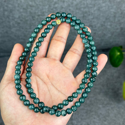 Natural Semi Translucent Dark Water Green Type A Jadeite Jade Triple Wrap Bracelet Size 7.5 mm
