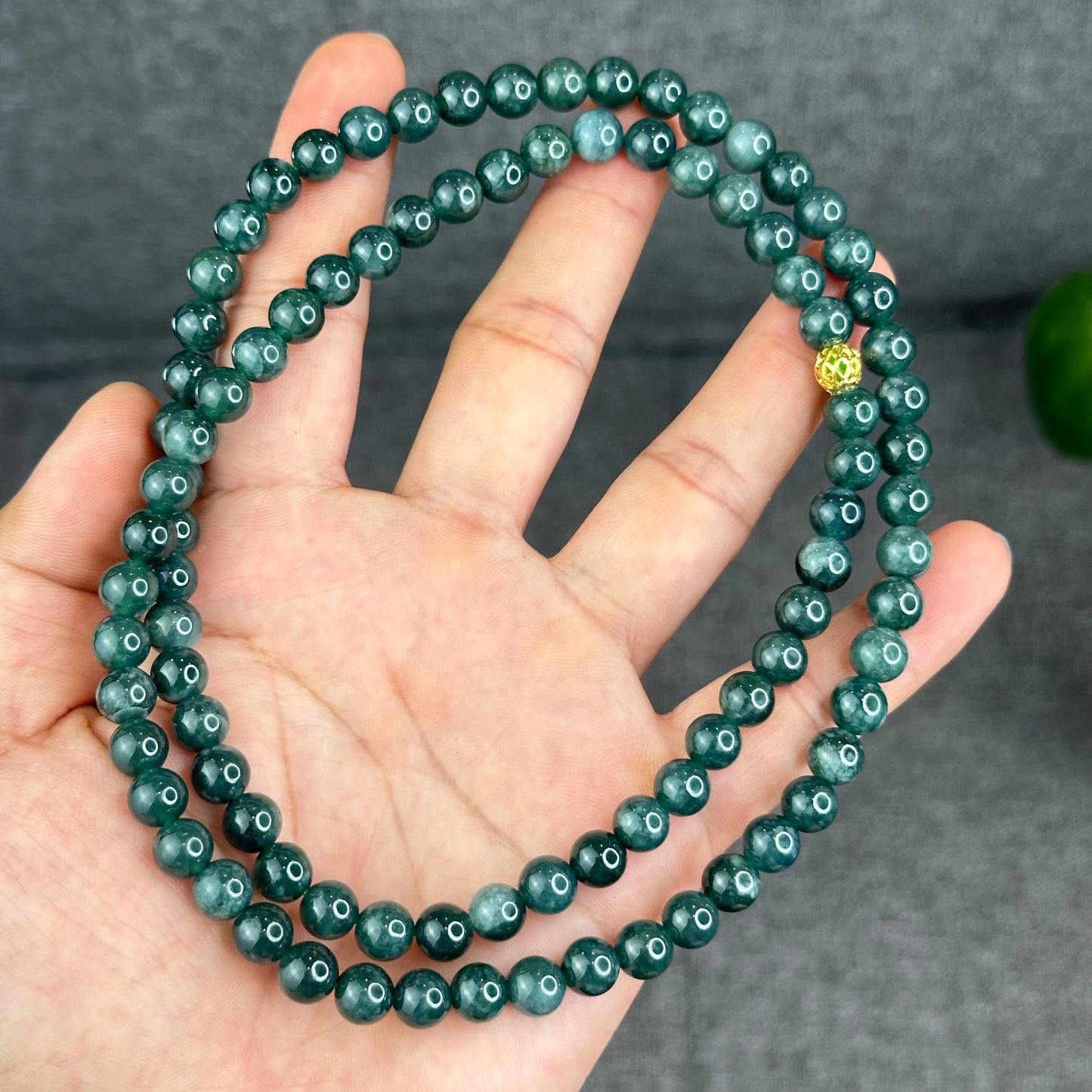 Natural Semi Translucent Dark Water Green Type A Jadeite Jade Triple Wrap Bracelet Size 7.5 mm