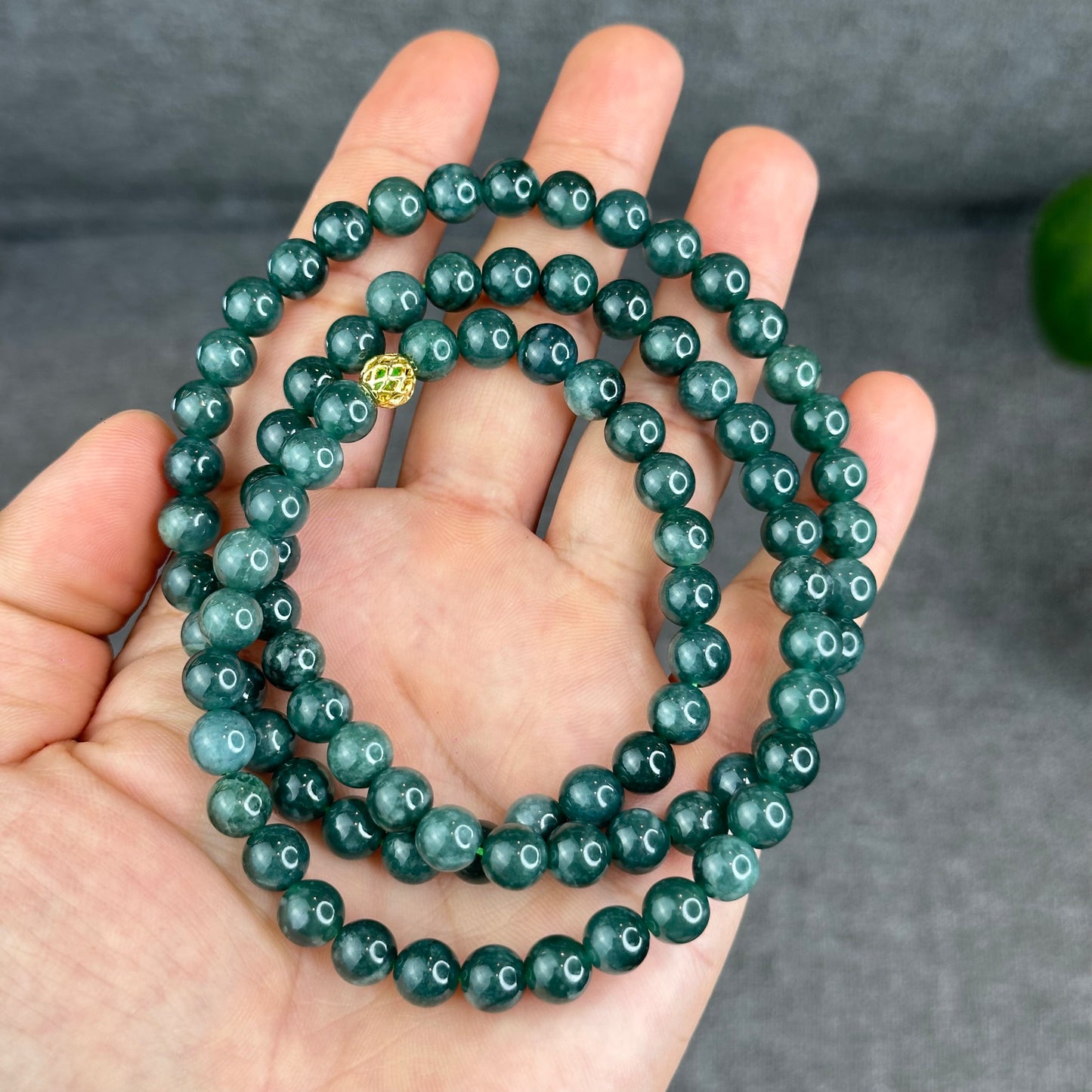 Natural Semi Translucent Dark Water Green Type A Jadeite Jade Triple Wrap Bracelet Size 7.5 mm