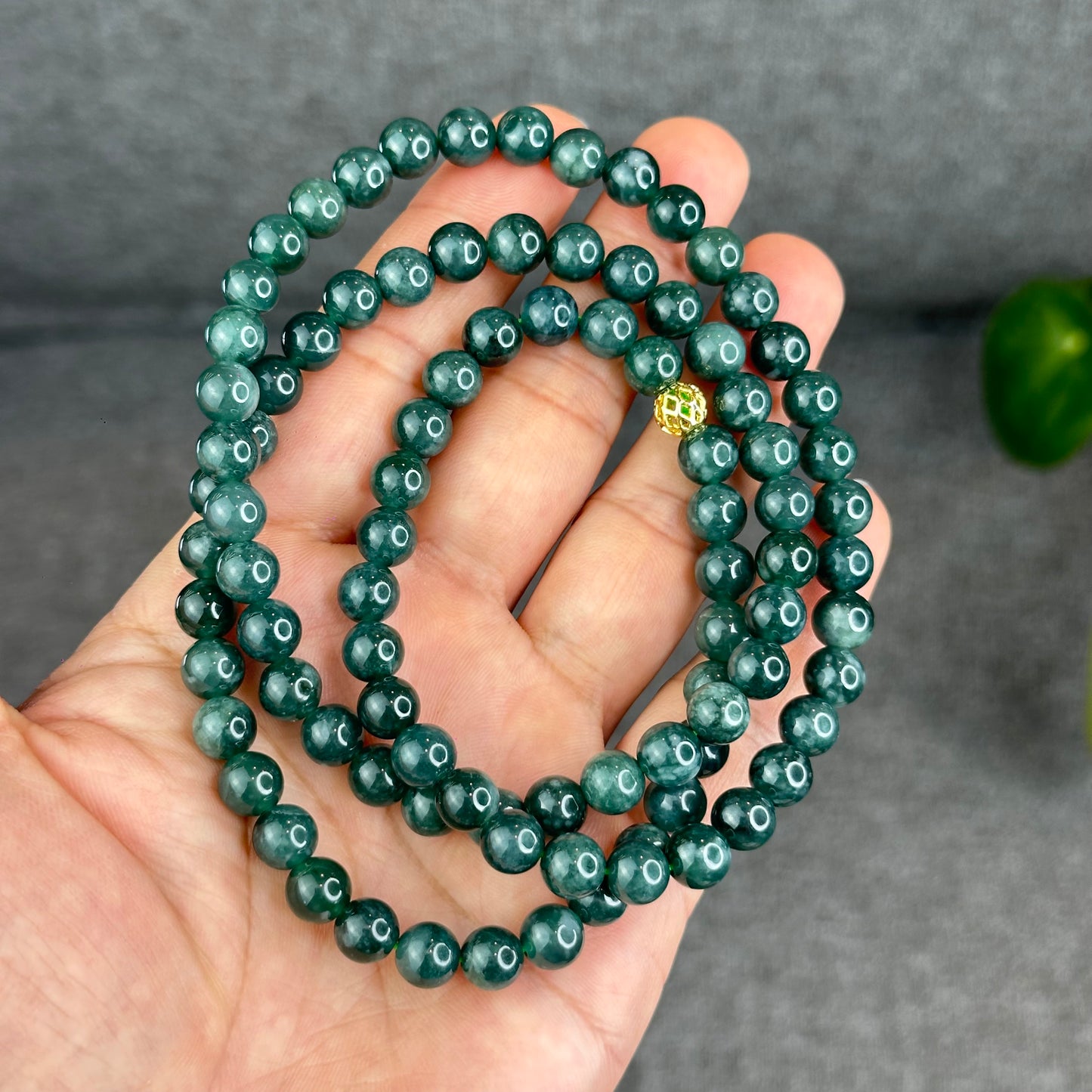 Natural Semi Translucent Dark Water Green Type A Jadeite Jade Triple Wrap Bracelet Size 7.5 mm