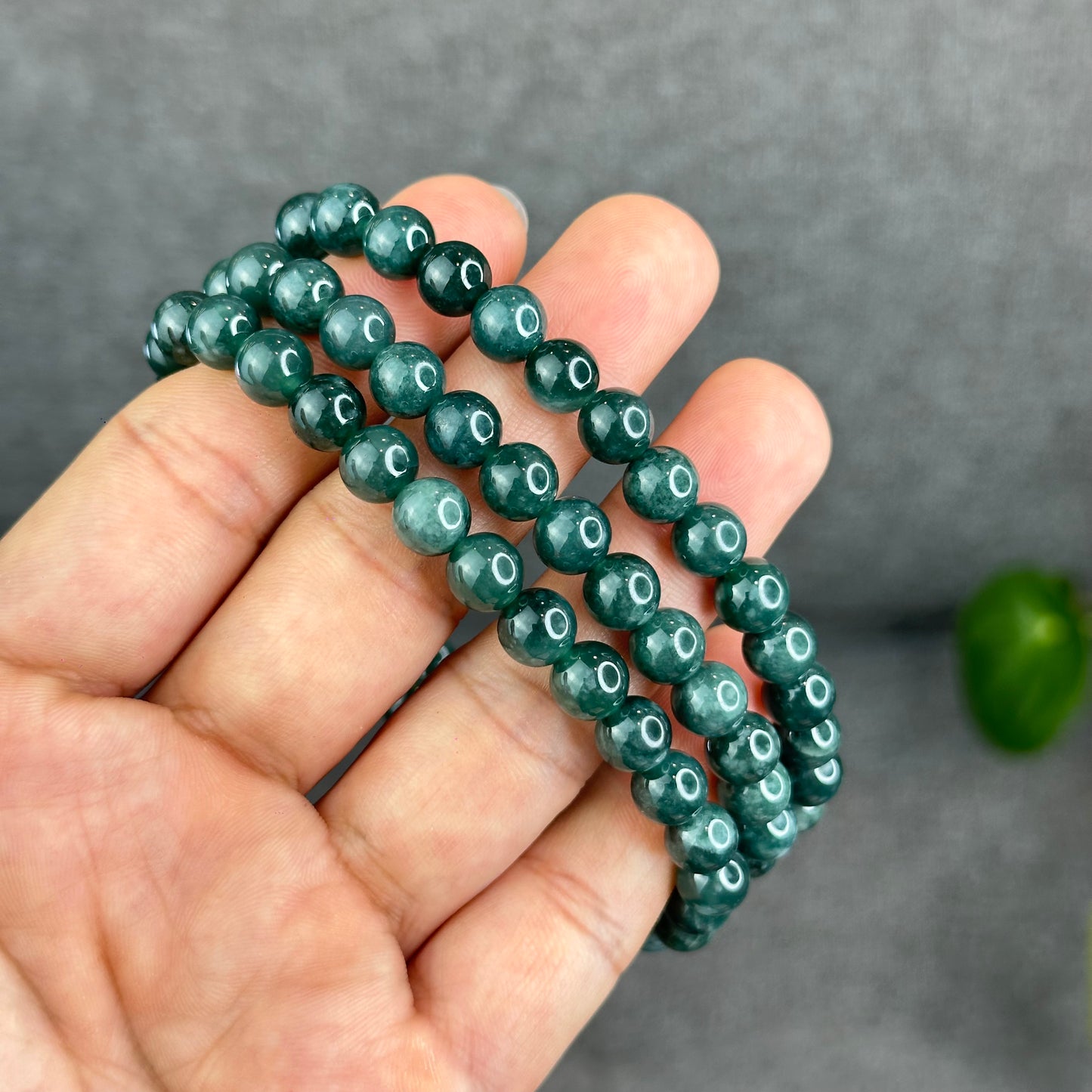 Natural Semi Translucent Dark Water Green Type A Jadeite Jade Triple Wrap Bracelet Size 7.5 mm