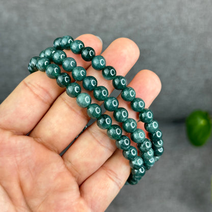 Natural Semi Translucent Dark Water Green Type A Jadeite Jade Triple Wrap Bracelet Size 7.5 mm