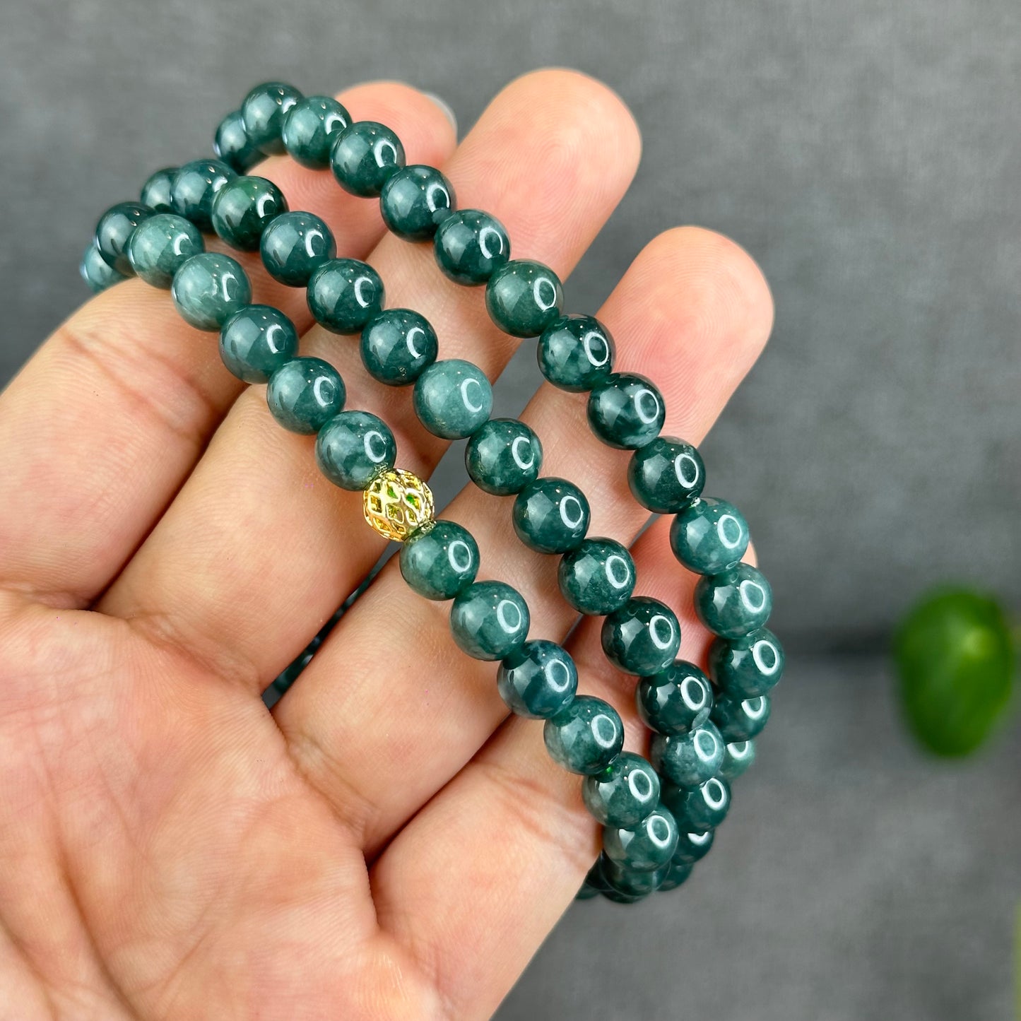 Natural Semi Translucent Dark Water Green Type A Jadeite Jade Triple Wrap Bracelet Size 7.5 mm