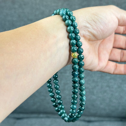 Natural Semi Translucent Dark Water Green Type A Jadeite Jade Triple Wrap Bracelet Size 7.5 mm