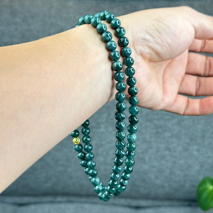 Natural Semi Translucent Dark Water Green Type A Jadeite Jade Triple Wrap Bracelet Size 7.5 mm