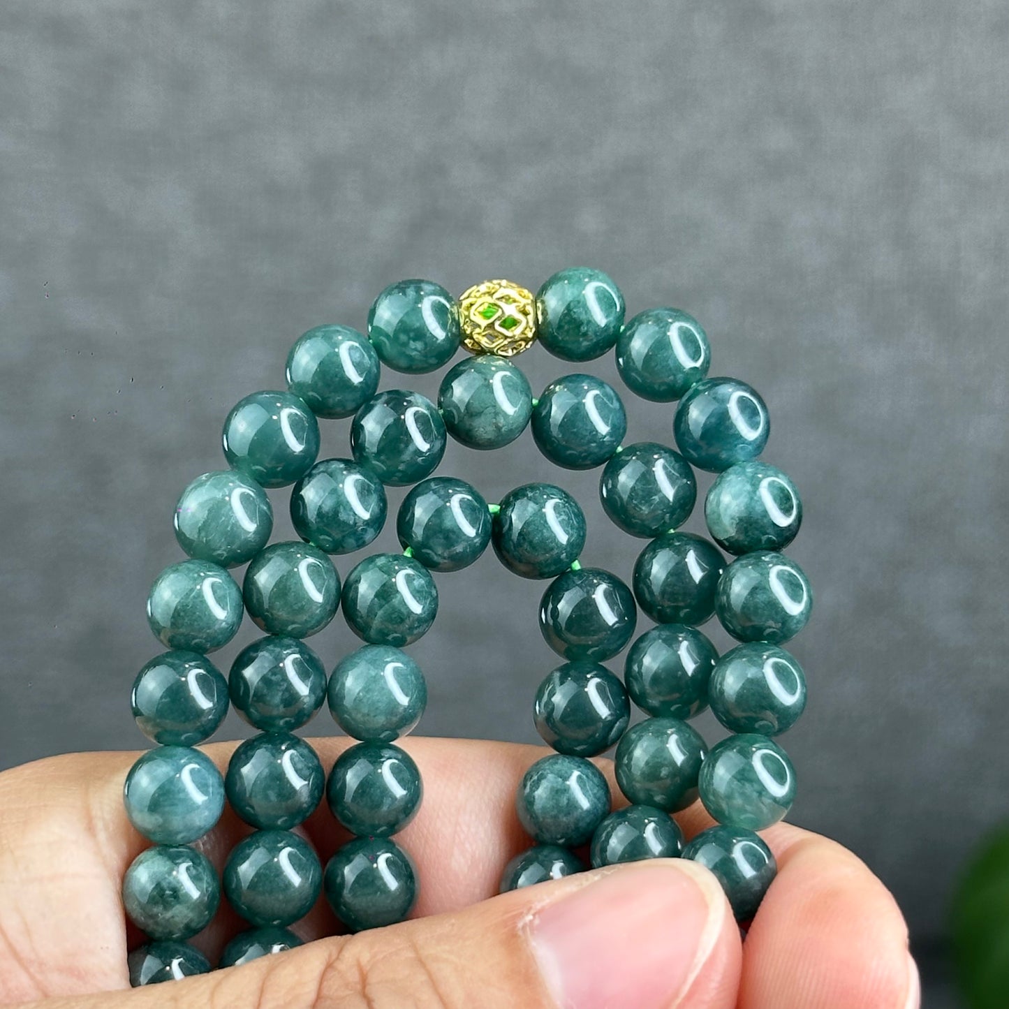 Natural Semi Translucent Dark Water Green Type A Jadeite Jade Triple Wrap Bracelet Size 7.5 mm