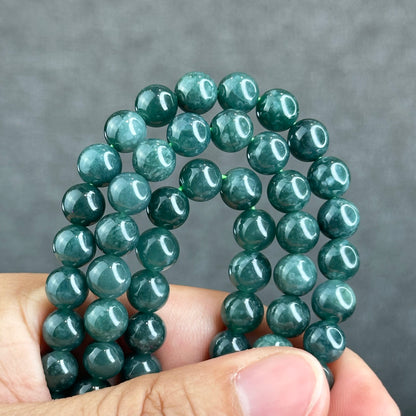 Natural Semi Translucent Dark Water Green Type A Jadeite Jade Triple Wrap Bracelet Size 7.5 mm