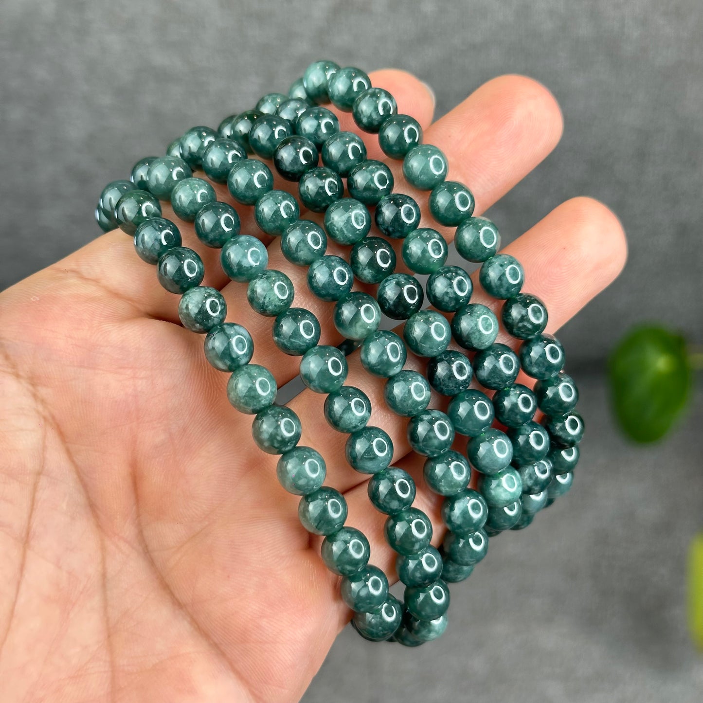 Natural Semi Translucent Dark Water Green Type A Jadeite Jade Triple Wrap Bracelet Size 7.5 mm