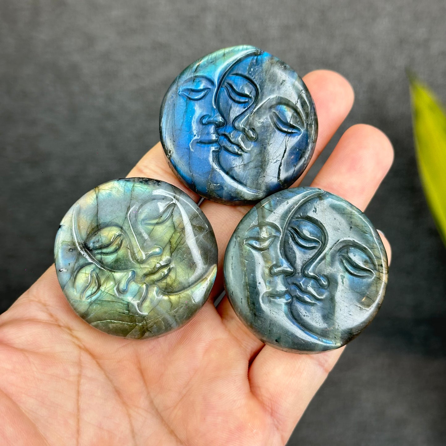 Natural Labradorite Sun and Moon Disk Figurine