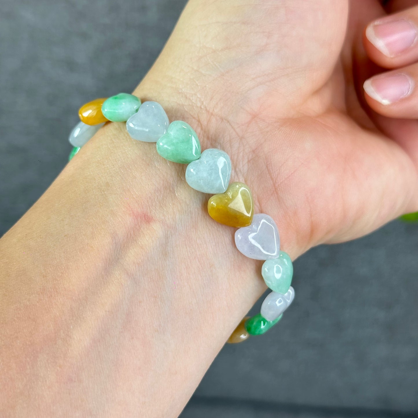 Natural Heart Translucent Multi-Coloyr Jadeite Jade Bracelet Size 10-10.5 mm