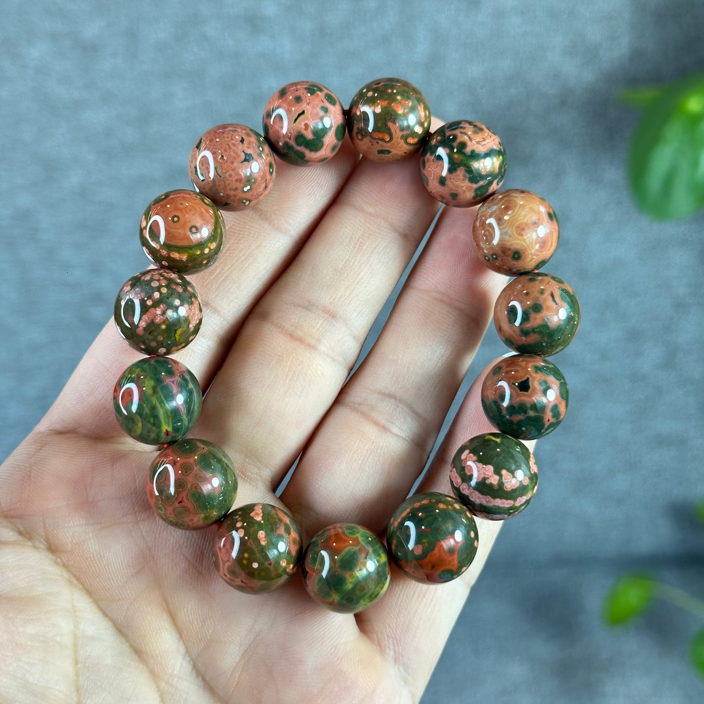 Green and Pink Natural Ocean Jasper  Bracelet Size 14 mm