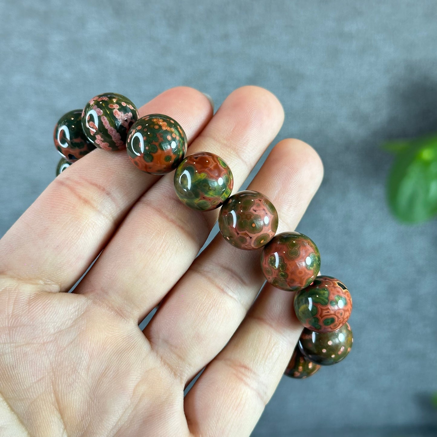 Green and Pink Natural Ocean Jasper  Bracelet Size 14 mm