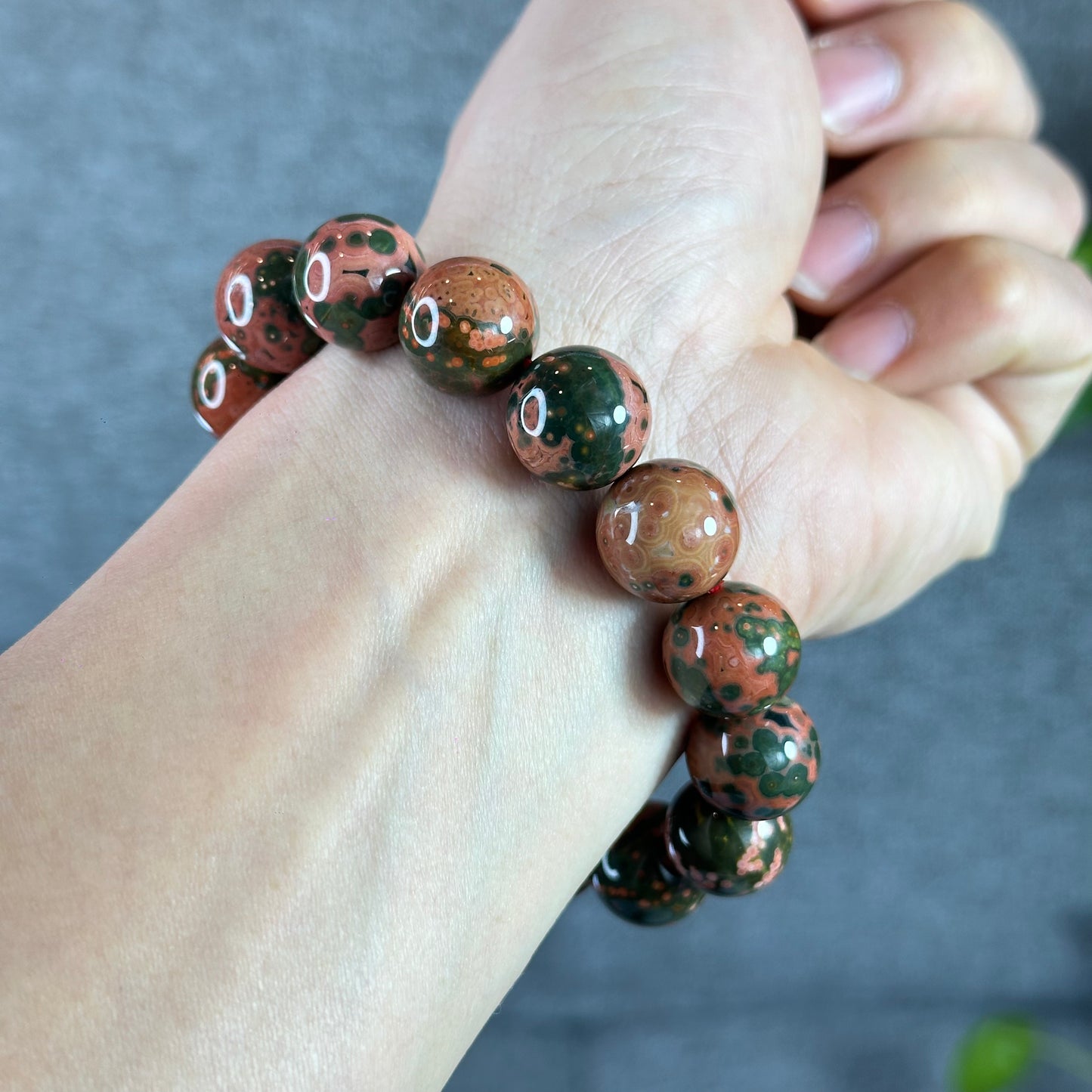 Green and Pink Natural Ocean Jasper  Bracelet Size 14 mm
