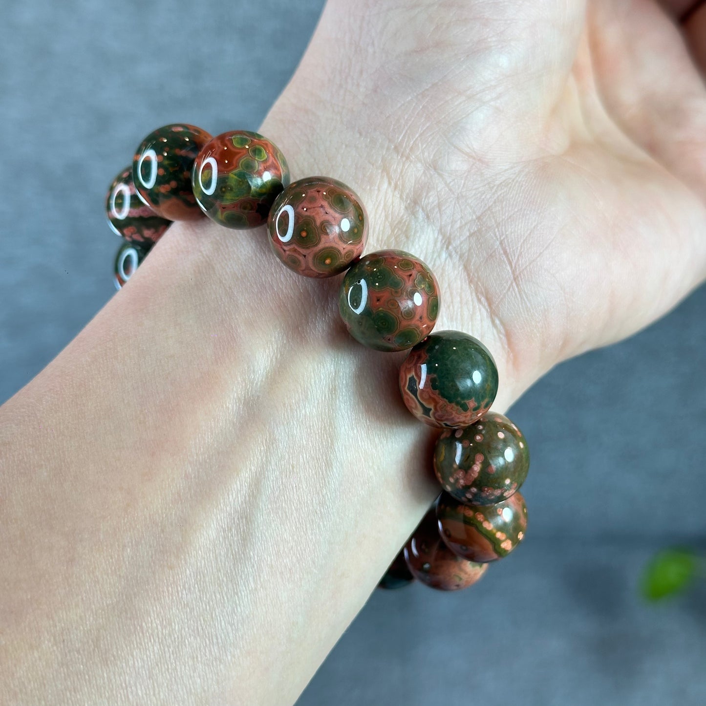 Green and Pink Natural Ocean Jasper  Bracelet Size 14 mm