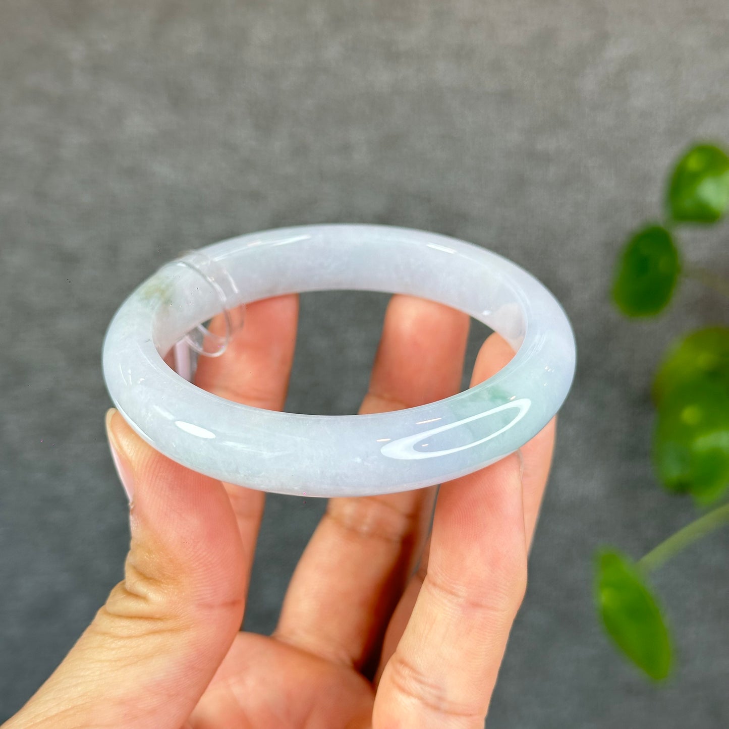 Natural Light Green with Purple Undertone Semi-Translucent Jadeite Jade Bangle Leaf Style Size 56.8 mm