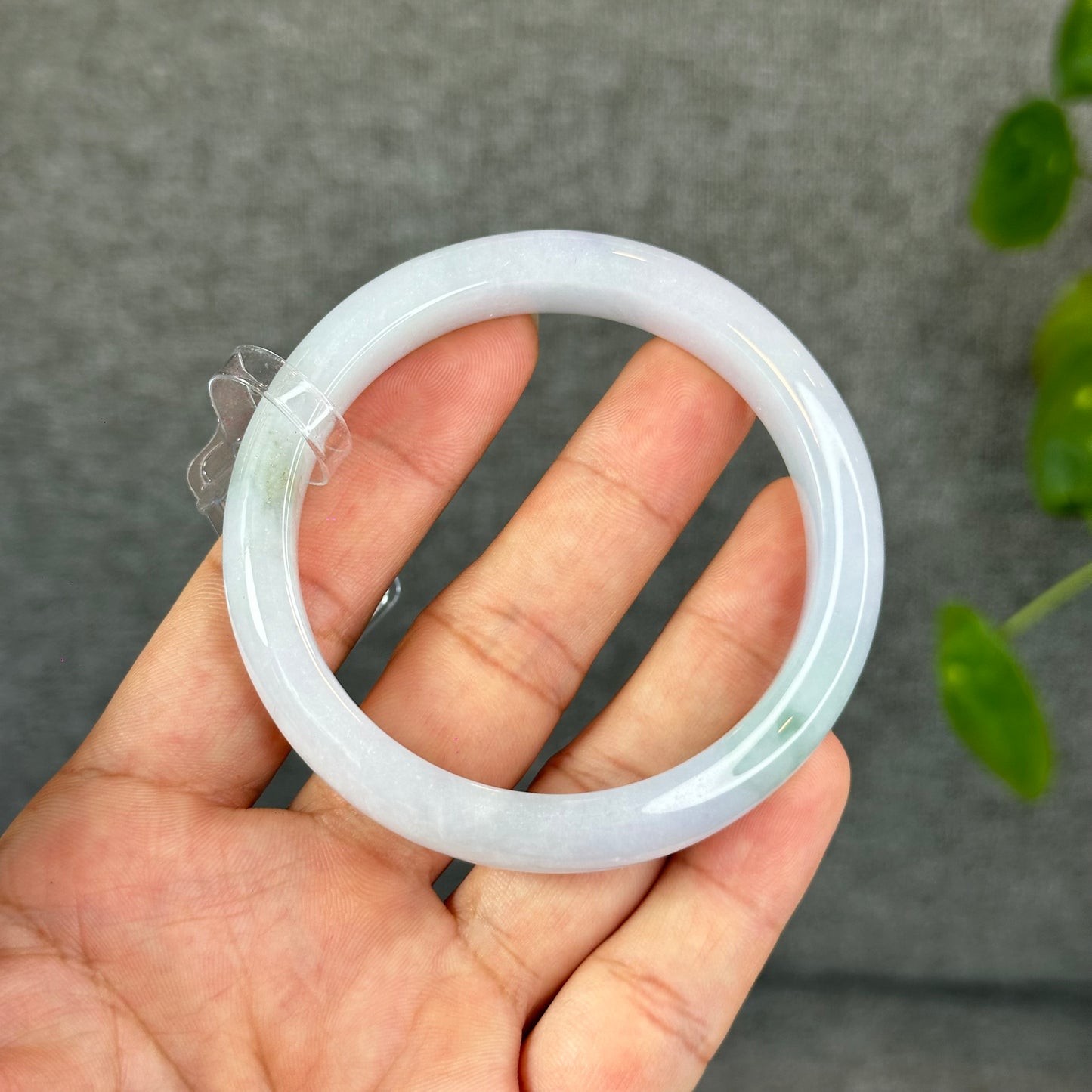 Natural Light Green with Purple Undertone Semi-Translucent Jadeite Jade Bangle Leaf Style Size 56.8 mm