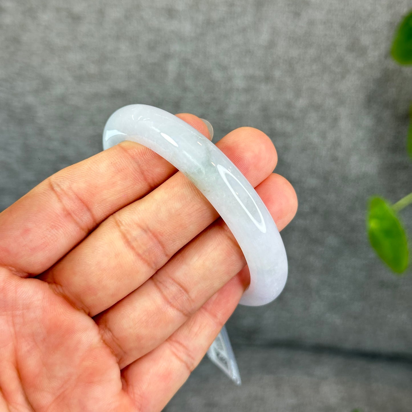 Natural Light Green with Purple Undertone Semi-Translucent Jadeite Jade Bangle Leaf Style Size 56.8 mm