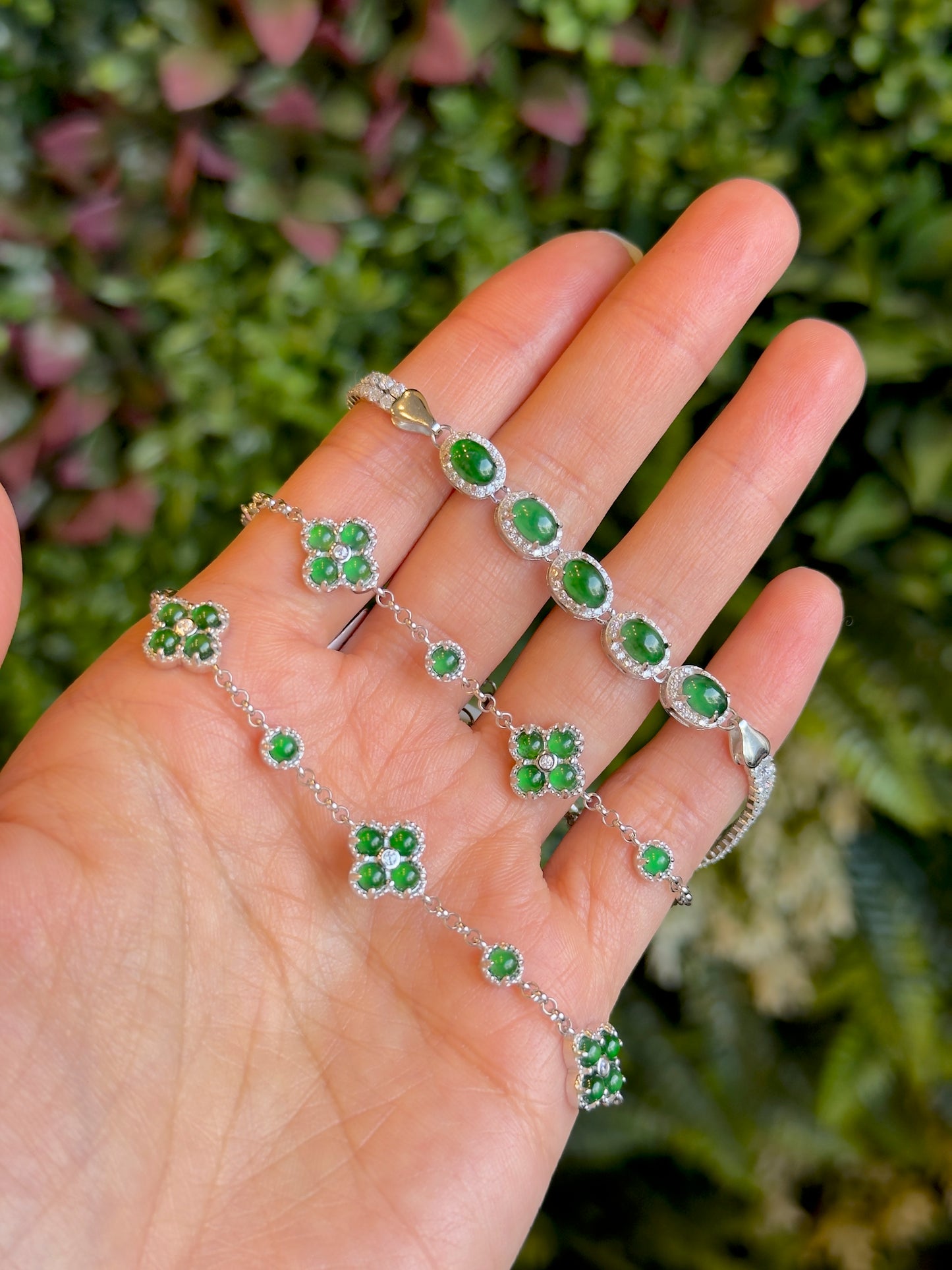 5 Stone Oval Halo Jadeite Jade Bracelet in Silver 925 Setting