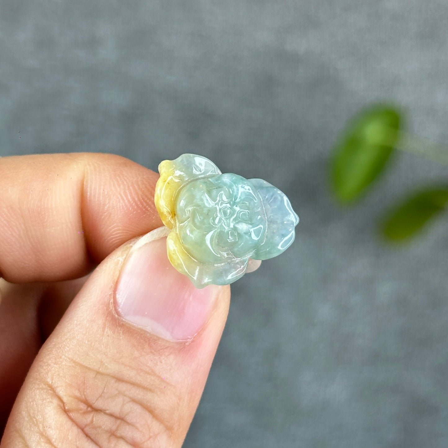 Natural Translucent Floral Green with Touch of Orange Lotus Jadeite Jade Charm