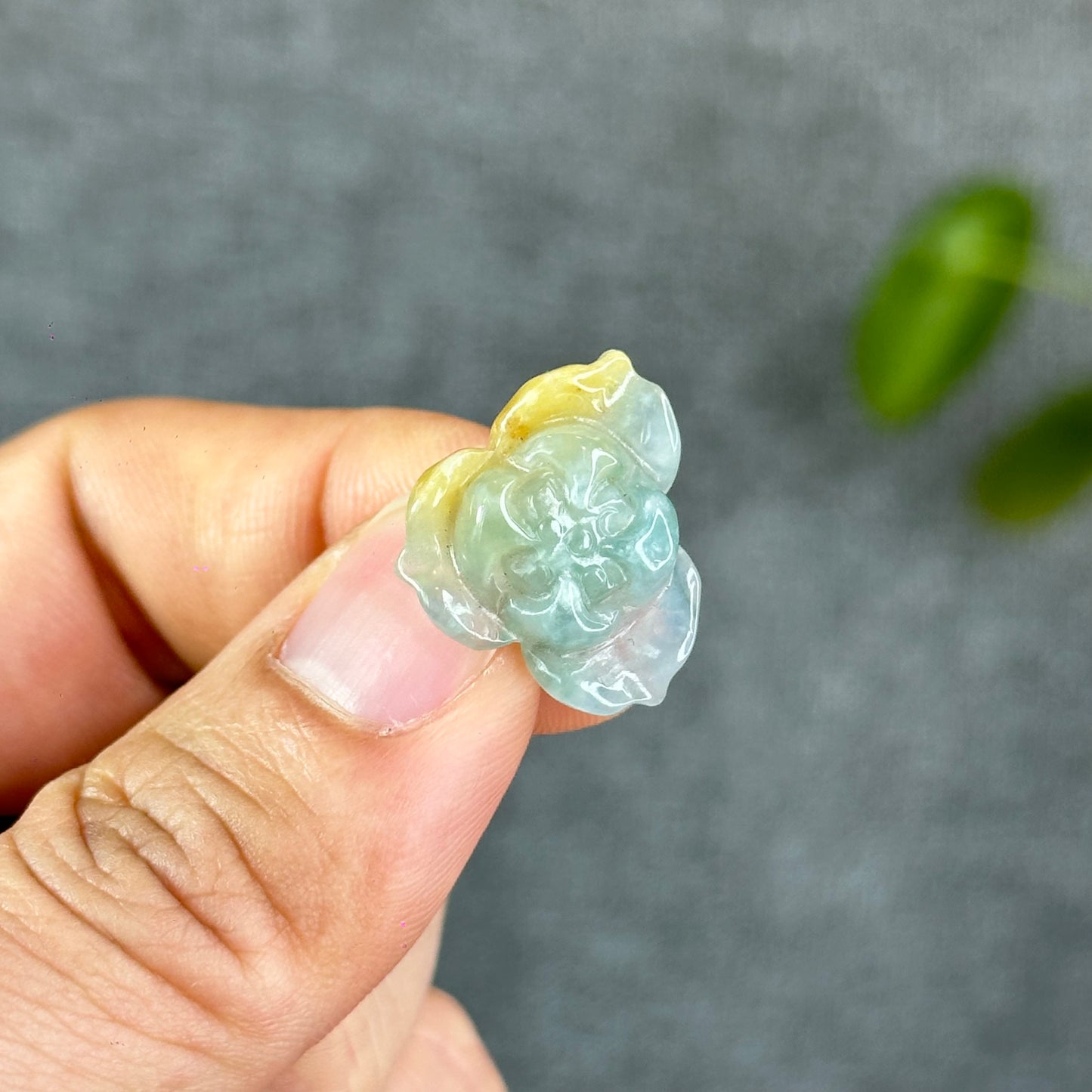 Natural Translucent Floral Green with Touch of Orange Lotus Jadeite Jade Charm