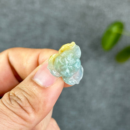 Natural Translucent Floral Green with Touch of Orange Lotus Jadeite Jade Charm
