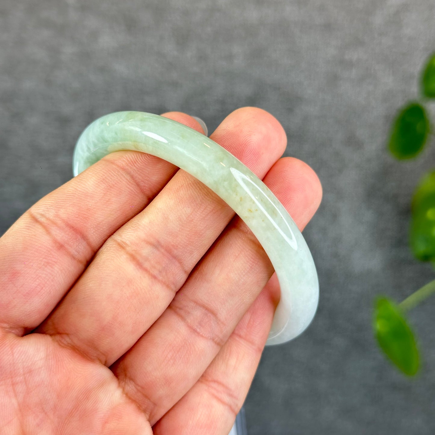 Natural Light Mint Green with Touch of Orange Semi-Translucent Jadeite Jade Banlge Chopstick Style Size 56 mm
