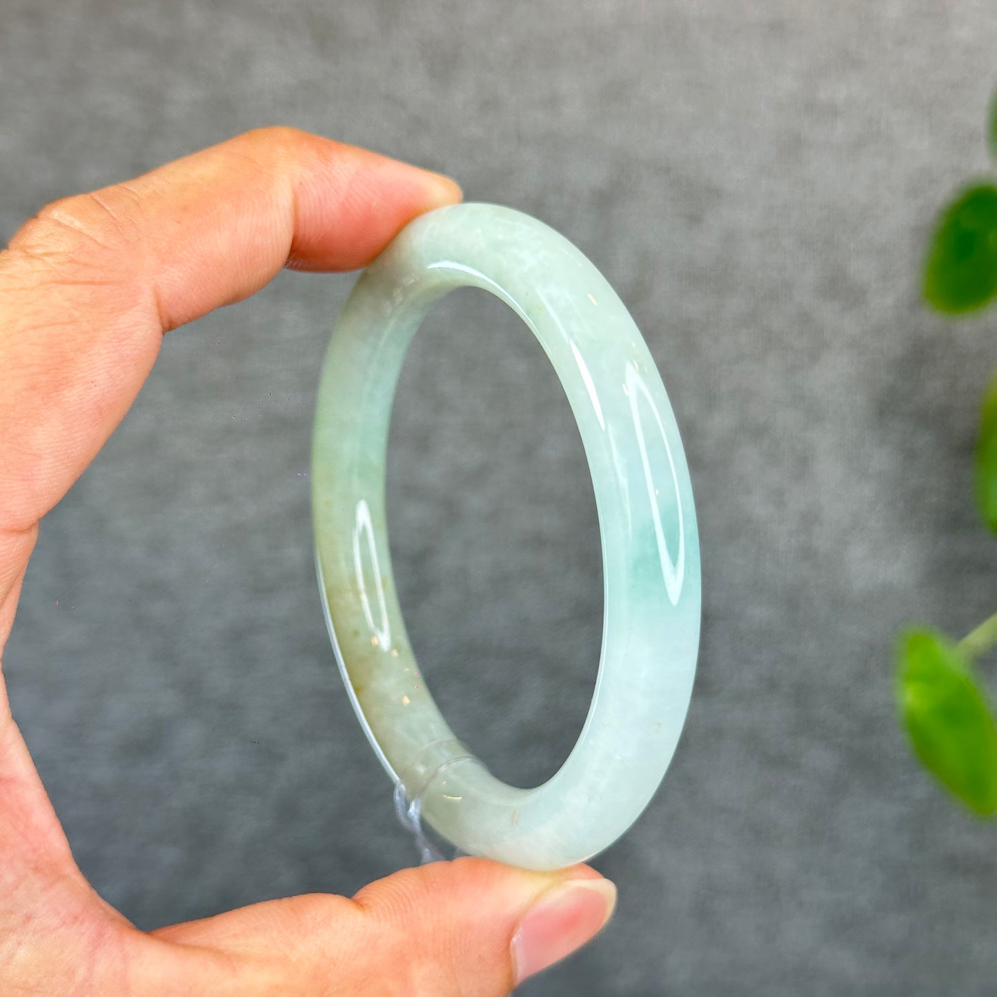 Natural Light Mint Green with Touch of Orange Semi-Translucent Jadeite Jade Banlge Chopstick Style Size 56 mm