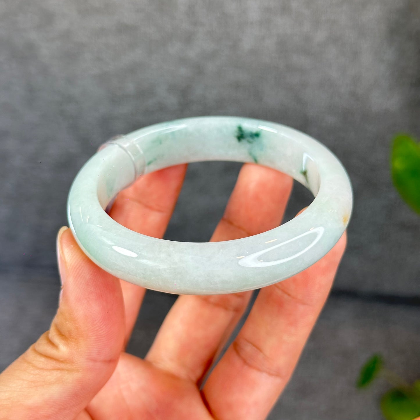 Natural Floral Green with Touch of Orange Semi-Translucent Jadeite Jade Bangle Leaf Style Size 54.7 mm