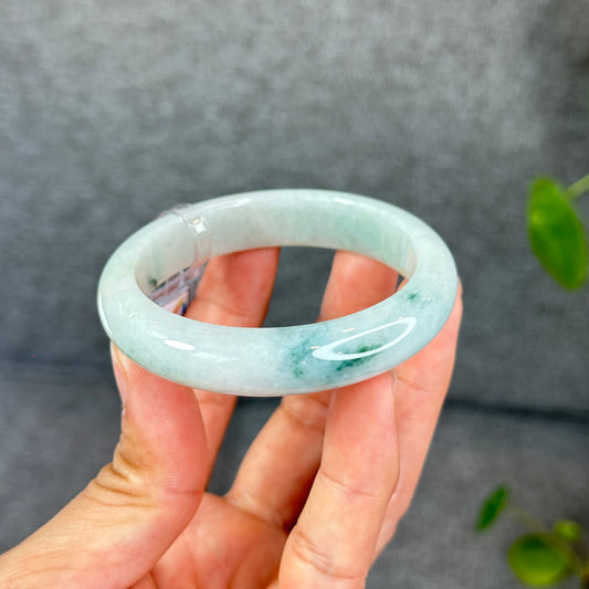 Natural Floral Green with Touch of Orange Semi-Translucent Jadeite Jade Bangle Leaf Style Size 54.7 mm