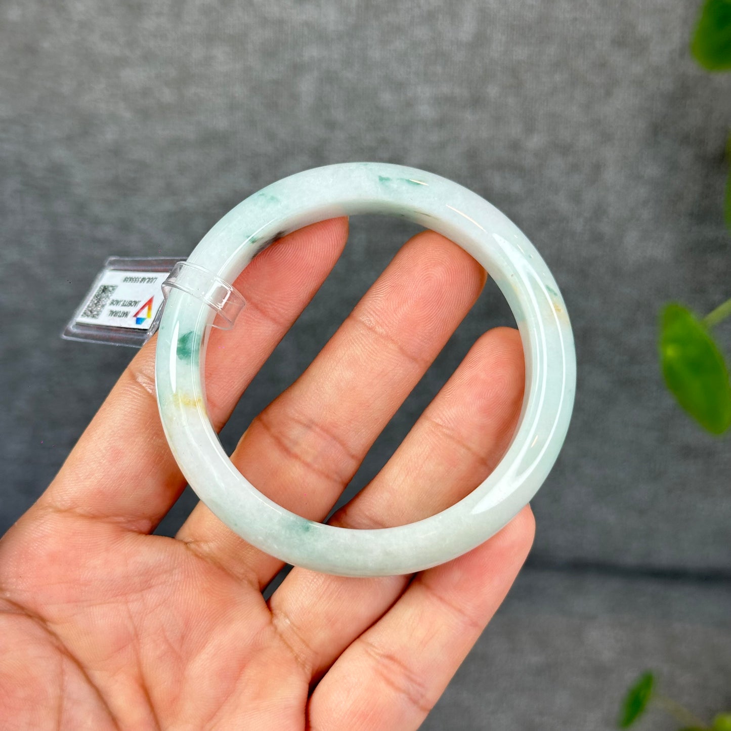 Natural Floral Green with Touch of Orange Semi-Translucent Jadeite Jade Bangle Leaf Style Size 54.7 mm