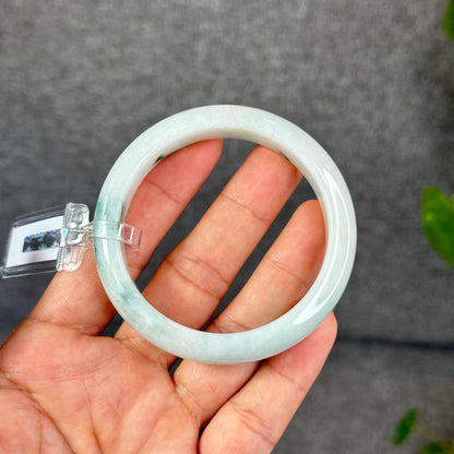 Natural Floral Green with Touch of Orange Semi-Translucent Jadeite Jade Bangle Leaf Style Size 54.7 mm