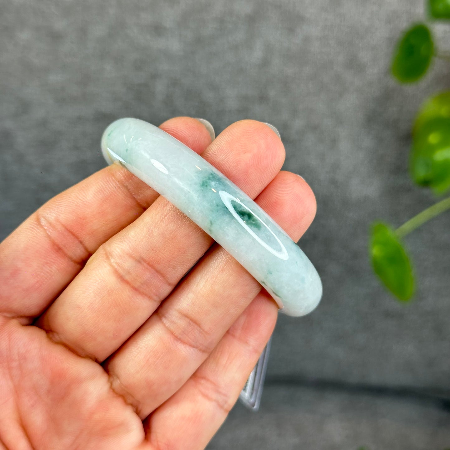 Natural Floral Green with Touch of Orange Semi-Translucent Jadeite Jade Bangle Leaf Style Size 54.7 mm