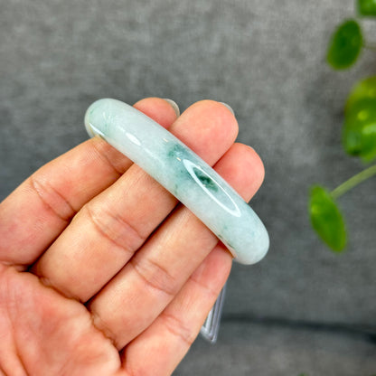 Natural Floral Green with Touch of Orange Semi-Translucent Jadeite Jade Bangle Leaf Style Size 54.7 mm