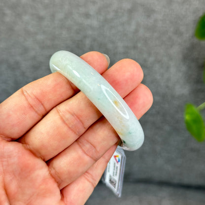 Natural Floral Green with Touch of Orange Semi-Translucent Jadeite Jade Bangle Leaf Style Size 54.7 mm