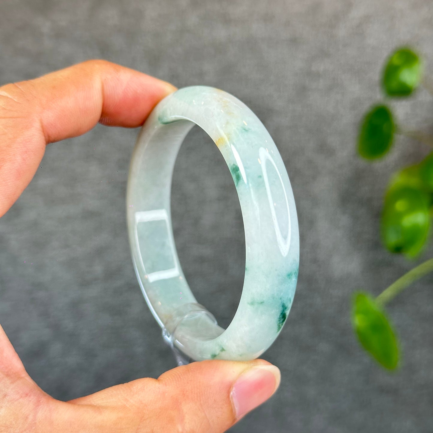 Natural Floral Green with Touch of Orange Semi-Translucent Jadeite Jade Bangle Leaf Style Size 54.7 mm