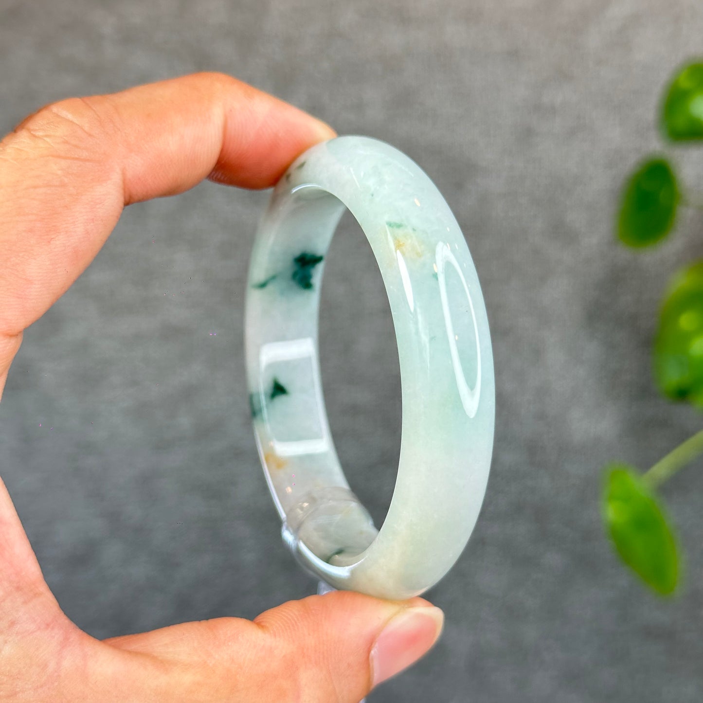 Natural Floral Green with Touch of Orange Semi-Translucent Jadeite Jade Bangle Leaf Style Size 54.7 mm
