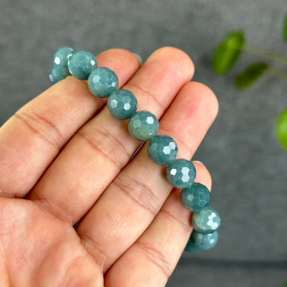 Natural Water Green Jadeite Jade Faceted Bracelet Size 9.5 mm