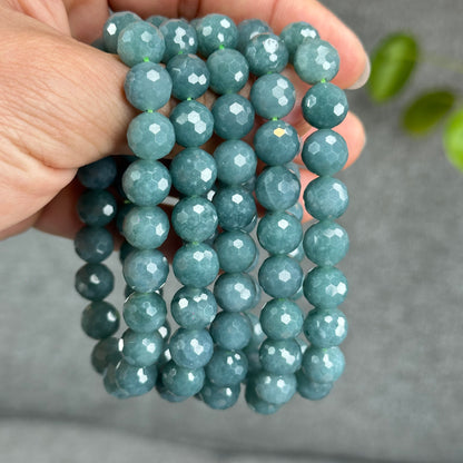 Natural Water Green Jadeite Jade Faceted Bracelet Size 9.5 mm
