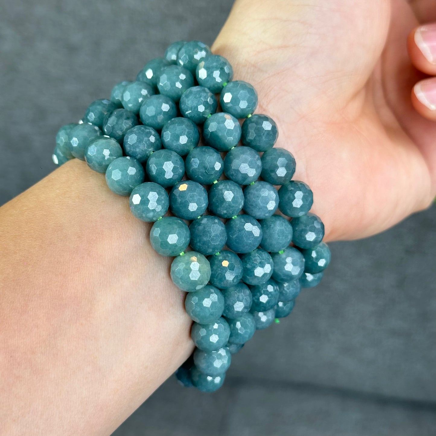 Natural Water Green Jadeite Jade Faceted Bracelet Size 9.5 mm