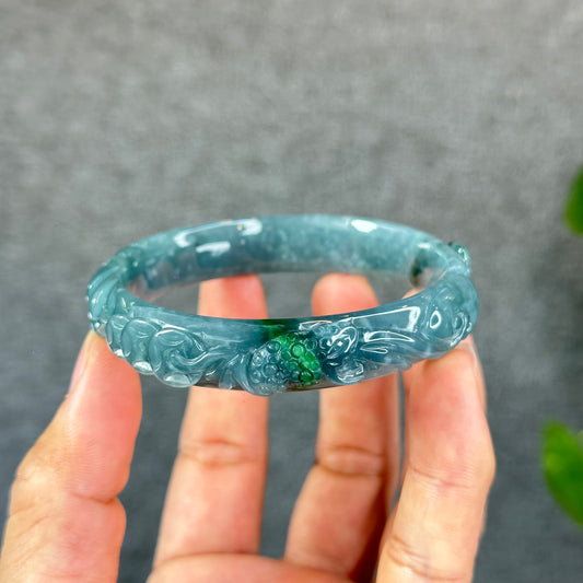 Natural Water Green Money Lotus Carved Bangle Size 58 mm