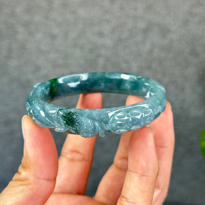 Natural Water Green Money Lotus Carved Bangle Size 58 mm